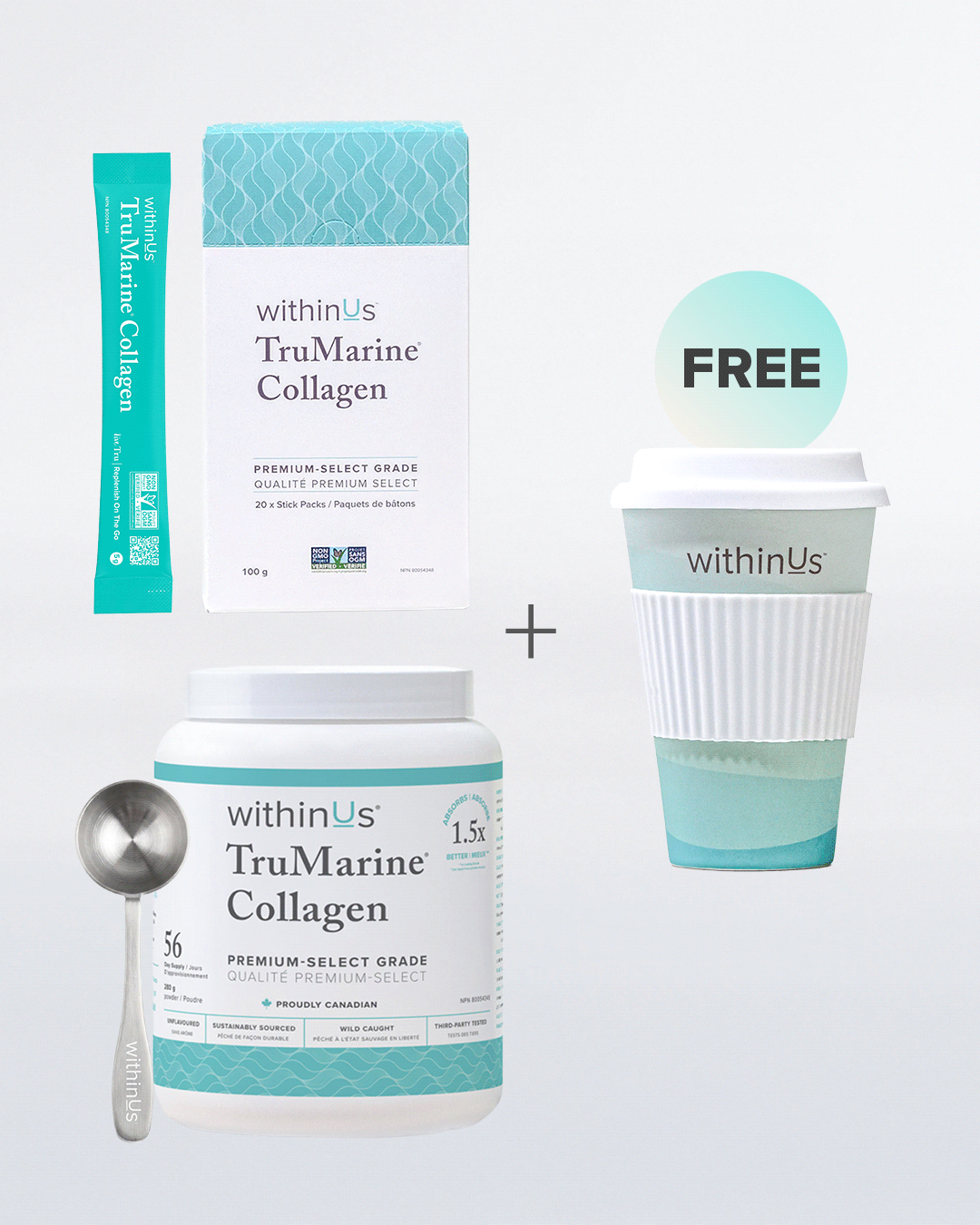 Canadian withinUs Intro Bundle with TruMarine collagen jar, stick packs, scoop, frother, canvas tote, and bamboo cup